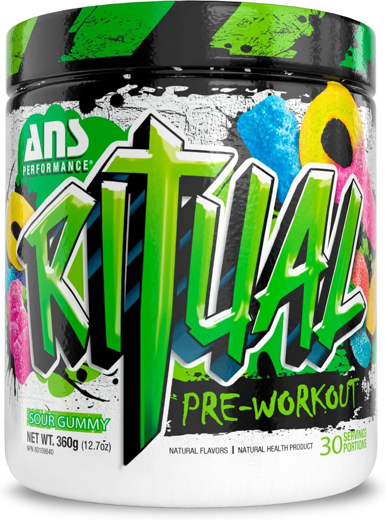 ANS Performance Ritual Pre Workout (30 Serveringer, 12.7 oz) - Komplet Preworkout Formel - Energi, Fokus, & Styrke - Øge Power Output & Workout Volumen - Endurance & Stamina (Sour Gummy)
