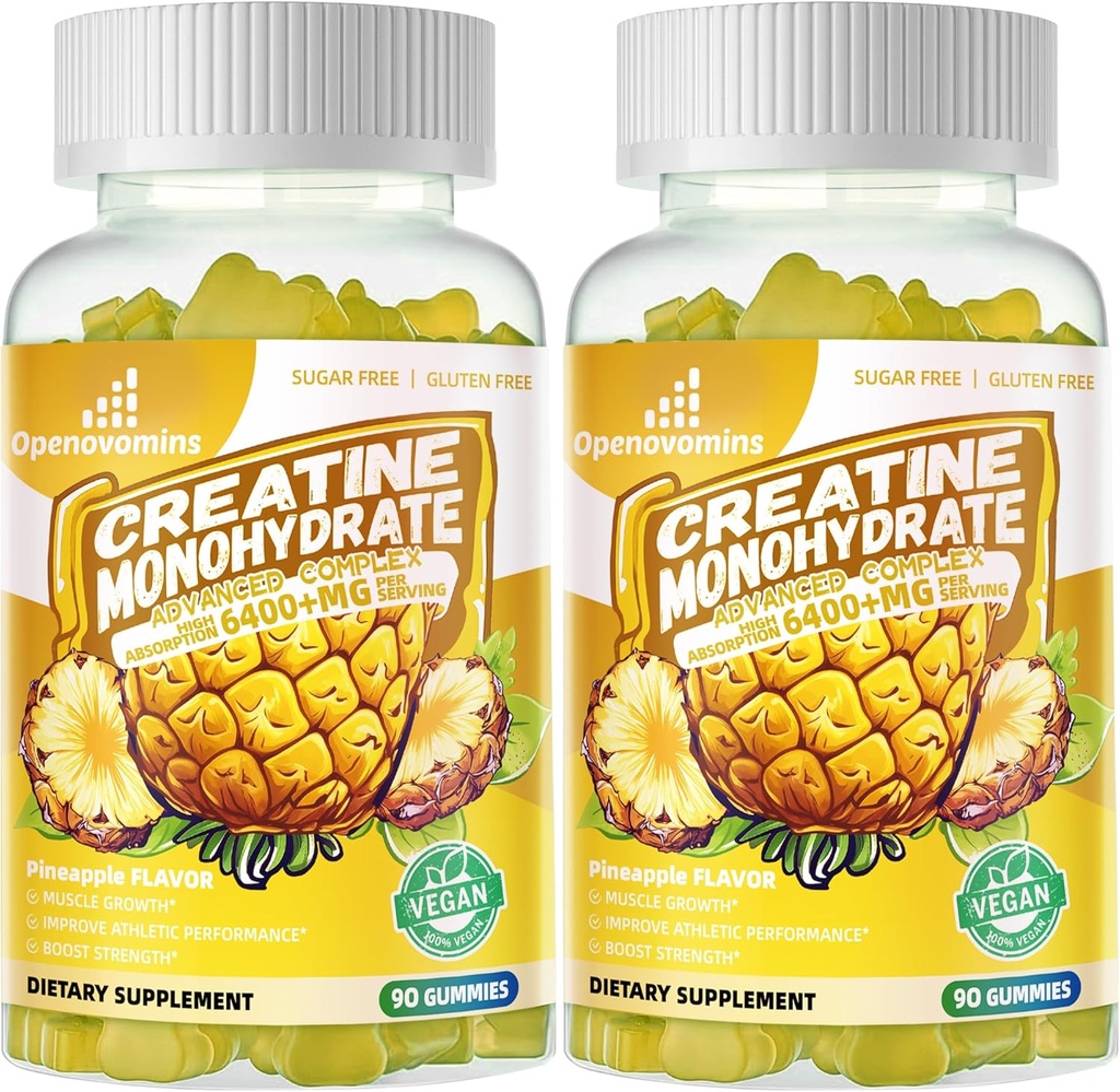 Creatin monohydrat Gummies Complex for mænd og kvinder -Advanced Formel W / L- Taurine + vitamin B12, Sukker Free Chewable Supplement, 180 Ananas Gummies 2pack