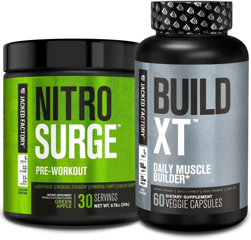 Jacked Factory Nitrobølge Pre- workout i Green Apple & Build XT Muscle Building Bundle for mænd og kvinder