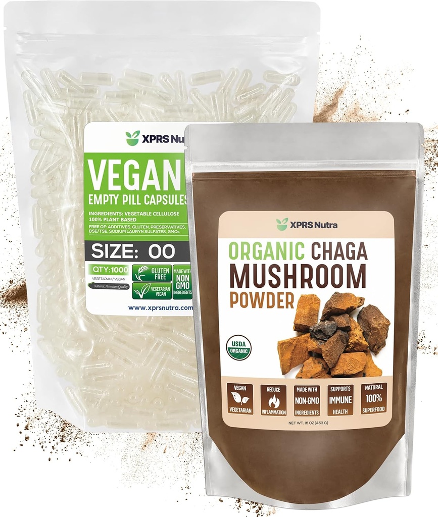 XPRS Nutra Organic Chaga Powder 16 Ounce med størrelse 00 Pre- Separated Tomme kapsler (1000 Greve) Bundle