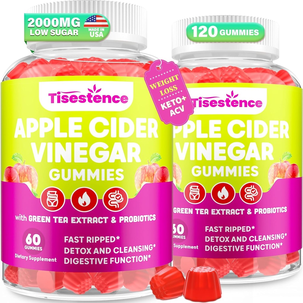 Apple Cider Vinegaver Gummies, Keto ACV Gummies for kvinder og mænd, Apple Cider Vinegaver Supplement med grøn te, B12, Probiotika til Detox Rense, Metabolisme & fordøjelsessygdomme, Vegan - 2 Måneders Tilgang