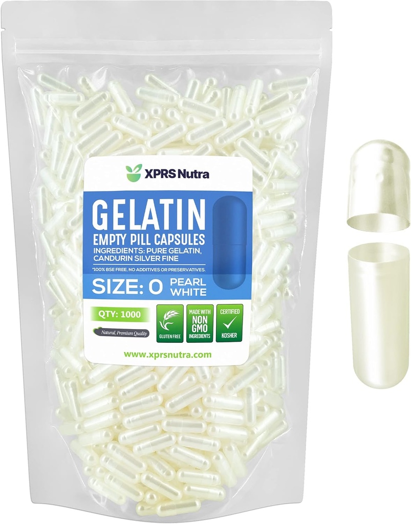XPRS Nutra Størrelse 0 Tomme kapsler - 1000 Tomme Gelatine kapsler - Piller selv Capsule Fyldning - Pure Bovin Pill Gel Caps til Do- It- Yourself Kosttilskud (Pearl White)