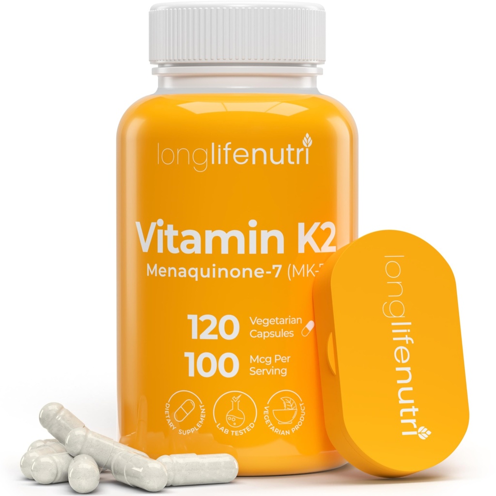 LongLifeNutri Vitamin K2 MK- 7 100mcg - Nutrient Support for Bones and Circulations, 120 Vegetariske Kapsler, 4 - Måned Supply, Lab Testet, Made in the USA, Non- GMO