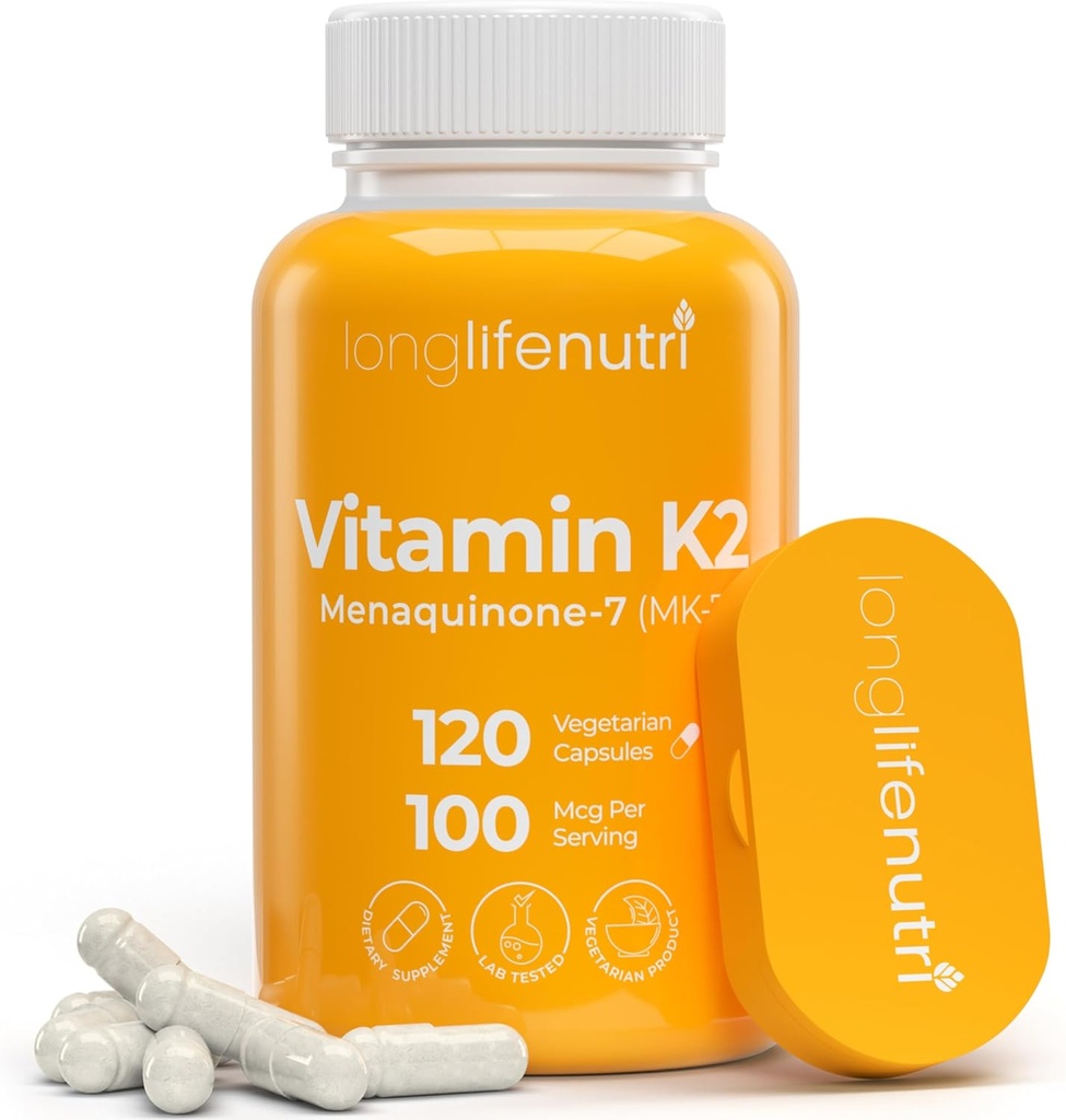 LongLifeNutri Vitamin K2 MK- 7 100mcg - Nutrient Support for Bones and Circulations, 120 Vegetariske Kapsler, 4 - Måned Supply, Lab Testet, Made in the USA, Non- GMO