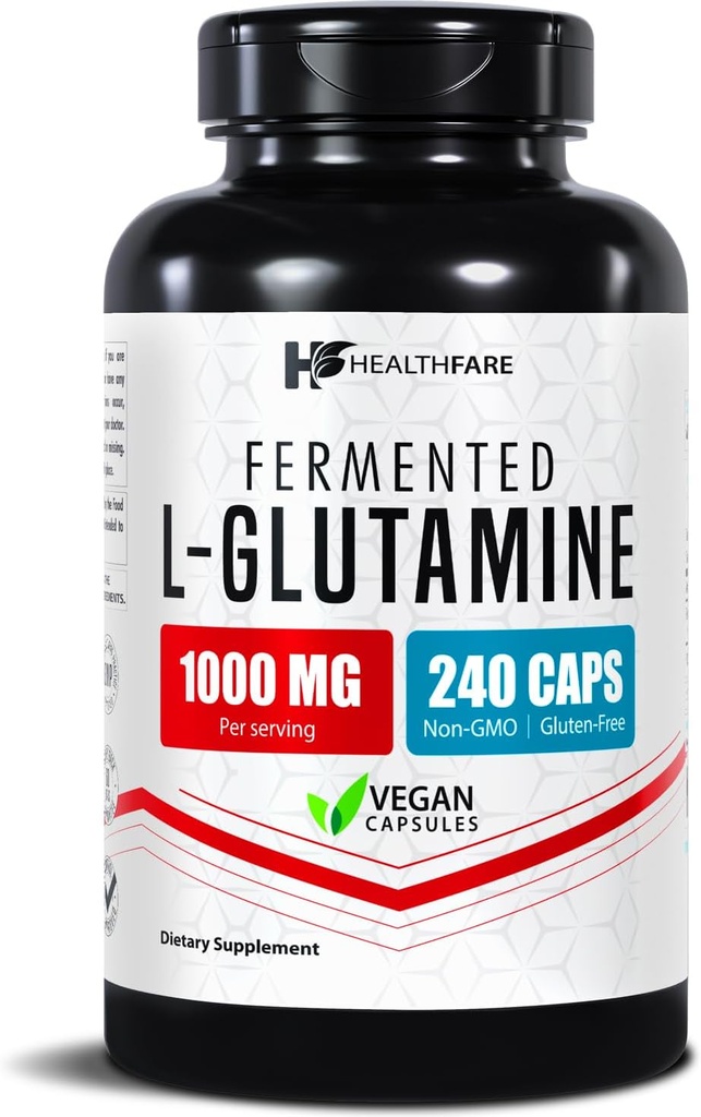 HealthFare L Glutamin 1000mg • 124; 240 Vegankapsler • 124; Ekstra styrke - Aminosyre Supplement • 124; Understøtter fordøjelsesbalance, næringsstofabsorption og muskelgendannelse • 124; Non- GMO, Gluten- Free • 124; Fremstillet i USA