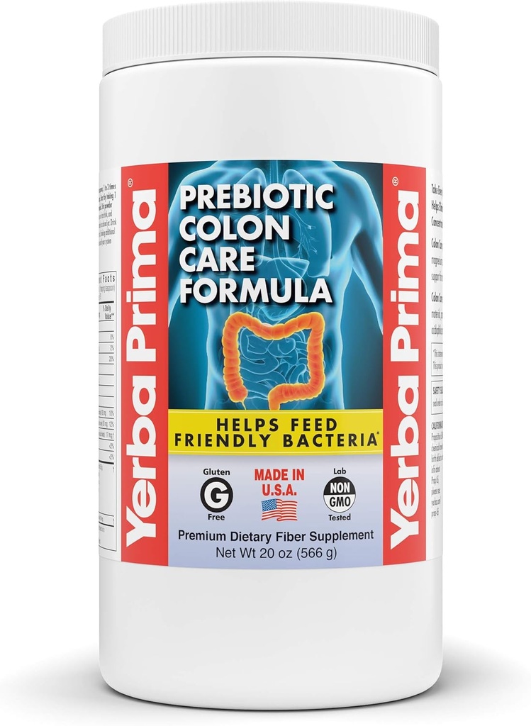 Yerba Prima Prebiotic Colon Care Formel, 20 oz pulver med FOS - Natural Psyllium Fiber, Magnesium, Selen - Non- GMO, Gluten Free, Vegan Daily Supplement - for mænd og kvinder