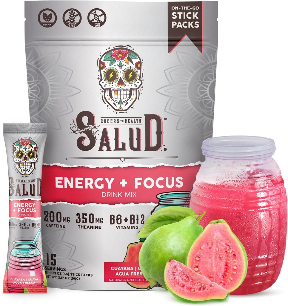 Salud 2-in-1 Energy Drink Powder + Focus, Guava, Organic Coffein, B6 + B12, Theanine, Clean Energy Drink Pacets, Guayaba Agua Fresca Mix, Non- GMO, Gluten Free, Vegan, 1g sukker, (15 Servere)