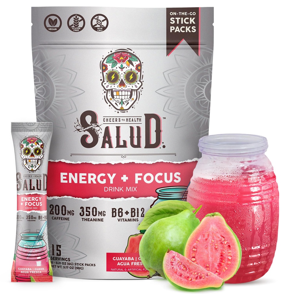 Salud 2-in-1 Energy Drink Powder + Focus, Guava, Organic Coffein, B6 + B12, Theanine, Clean Energy Drink Pacets, Guayaba Agua Fresca Mix, Non- GMO, Gluten Free, Vegan, 1g sukker, (15 Servere)