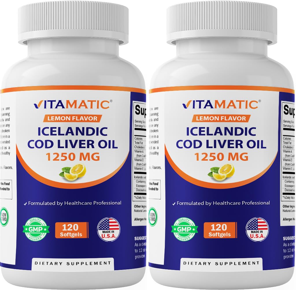 Vitamatic 2 Pack Iceland Cod Lever Oil Capsules 1250mg 120 Softgel (Lemon Flavor) - fremmer hjerte-kar-sundhed