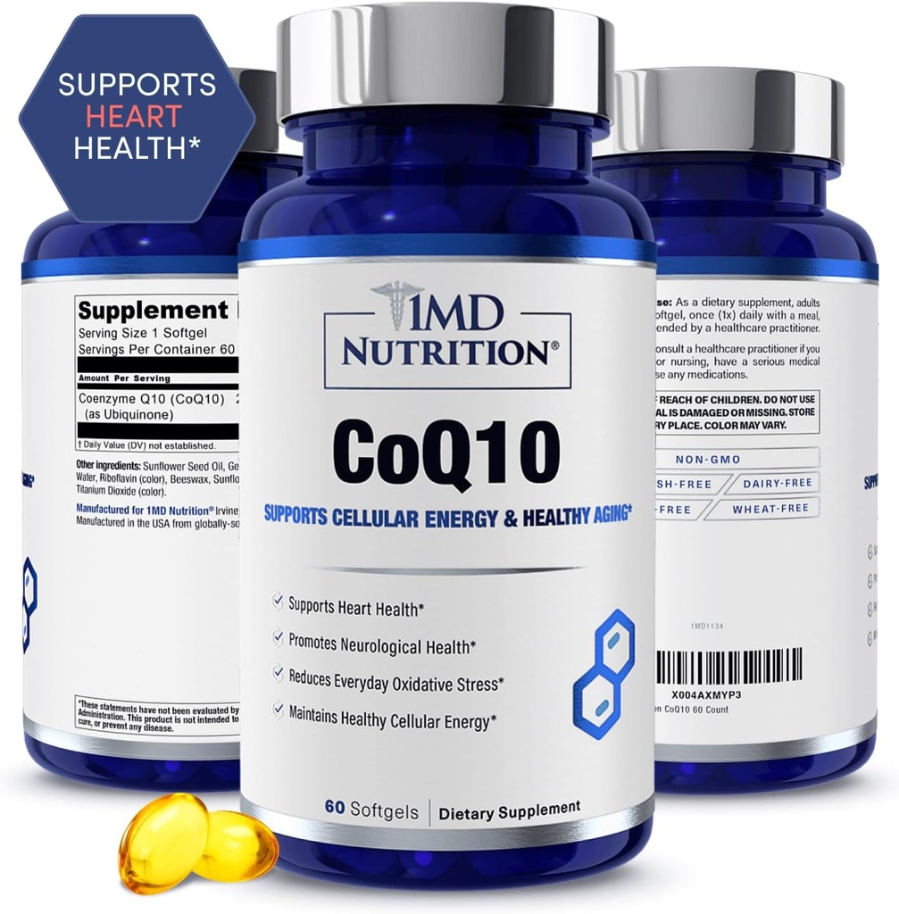 1MD Nutrition CoQ10 - for Heart Health & Cellular Energy Production - Health Supplement for Men & Women - Coenzyme Q10 Softgel - 60 Days
