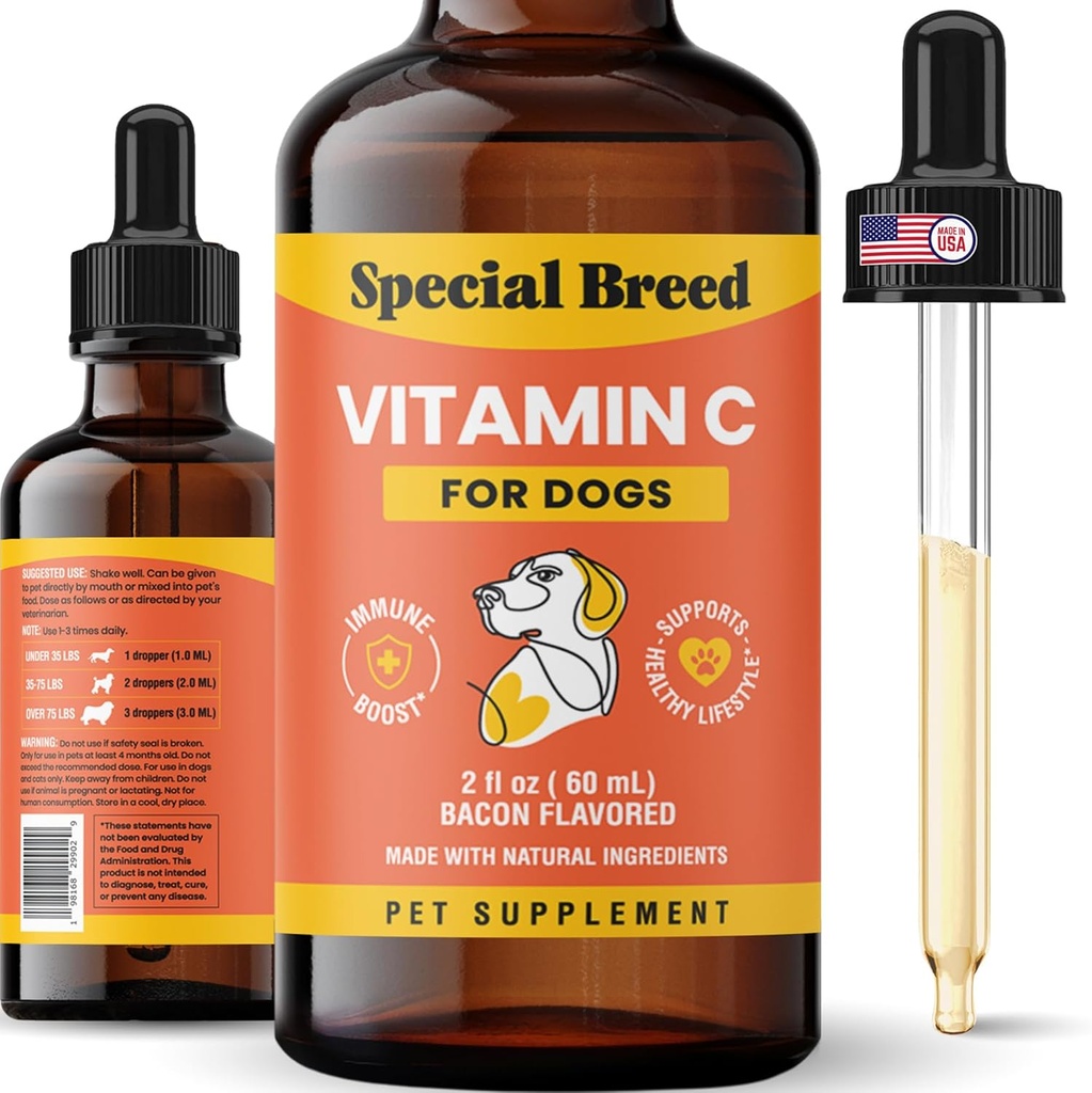 C-vitamin til hunde, Hjælper support immunsystem, C-vitamin flydende tilskud, hund immunbooster, Bacon smag, 2oz
