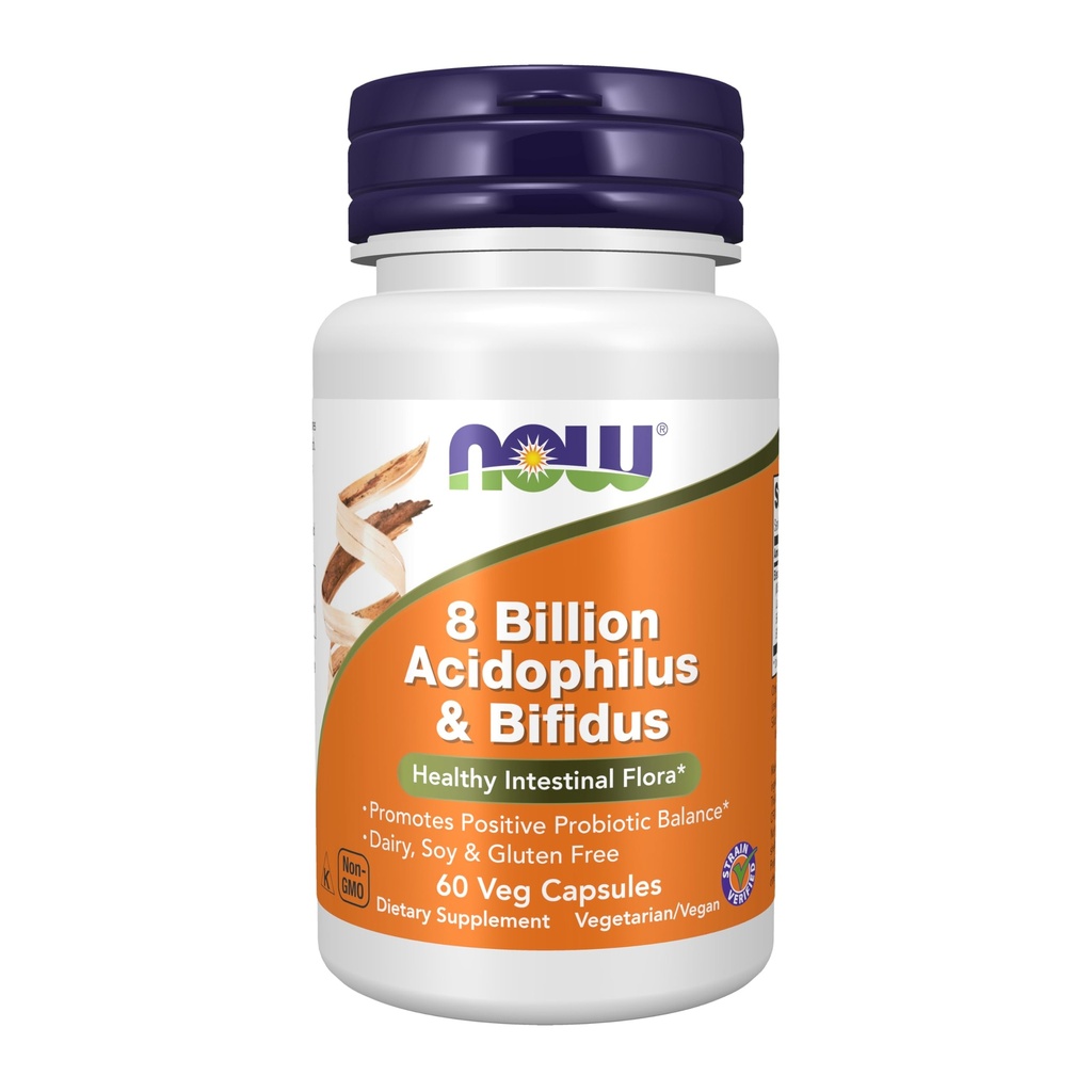 Now Foods Supplements, 8 Millioner Acidophilus & Bifidus, Dairy, Soy og Gluten Free, Strain Verified, 60 Veg Kapsler