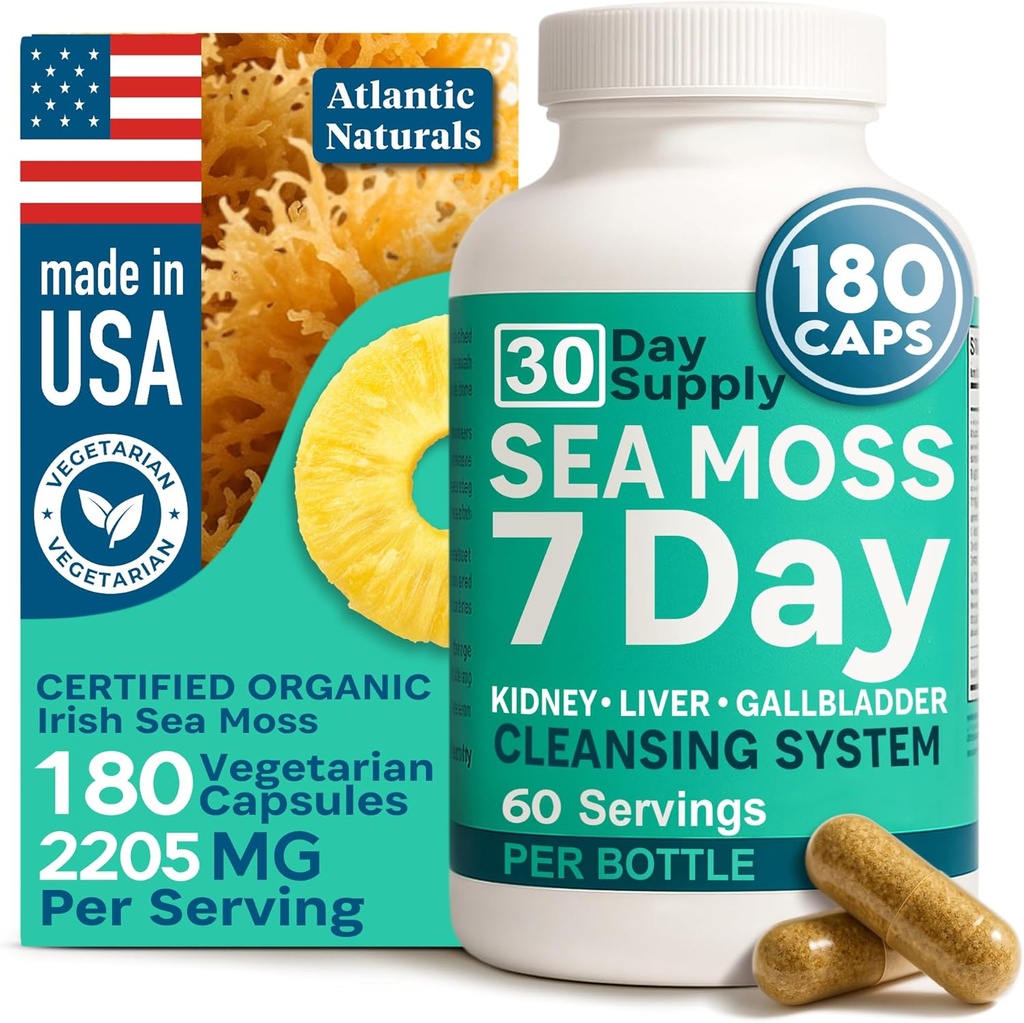 Atlantic Naturals Sea Moss Capsules – 7 Day Herbal Blend for Liver & Gallbladder Wellness – with Dandelion Root, Milk Thistle, Burdock Root, Red Clover & Chanca Piedra – 180 Count Sea Moss Capsules