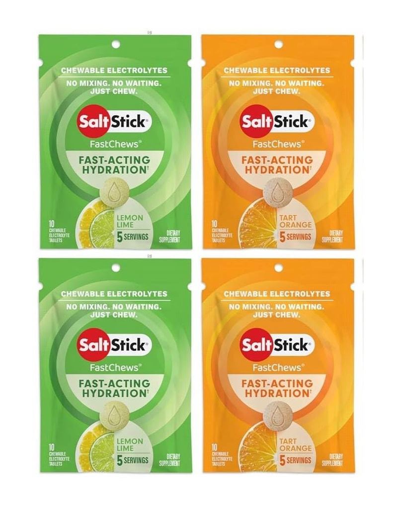 SaltStick FASTCHEWS ® Resealable, Variety 4 pakke Tart Orange & Zesess Lemon- Lime