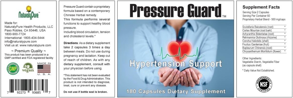 Pressure Guard - Den komplette All- Natural Hypertension Supplement til støtte sundt blodtryk niveau med en unik urteformering. 180 Veganske Kapsler, Stolt Lavet i USA.