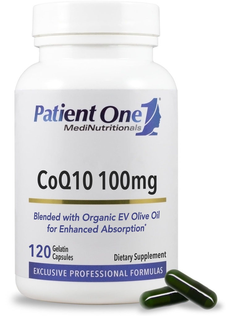 Patient Et Coenzym Q10 (CoQ10) 100 mg 2 gange daglig 124; Antioxidant supplement til understøttende hjerte - og vaskulær sundhed * 4 gange daglig; med Organic Olive Oil 12 gange daglig; 120 kapsler