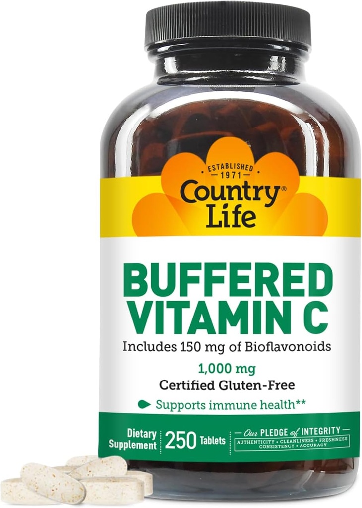 Country Life Buffered Vitamin C 1000mg med Bioflavonoider, Calcium, Magnesium, Kalium - immunforsvar, Vegankapsler, Glutenfri, Tænde på Mave - 250 tabletter