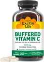 Country Life Buffered Vitamin C 1000mg med Bioflavonoider, Calcium, Magnesium, Kalium - immunforsvar, Vegankapsler, Glutenfri, Tænde på Mave - 250 tabletter