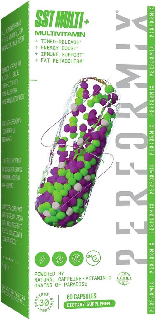 PERFORMIX - SST Multi + Multivitamin - Natural Energy - Tids- Release - Immunsystem & Metabolic Support - Vægt Mål - Koffein, Biotin, Vitamin A, C, D, E, B6 & B12 - Kvinder & Mænd - 60 Greve