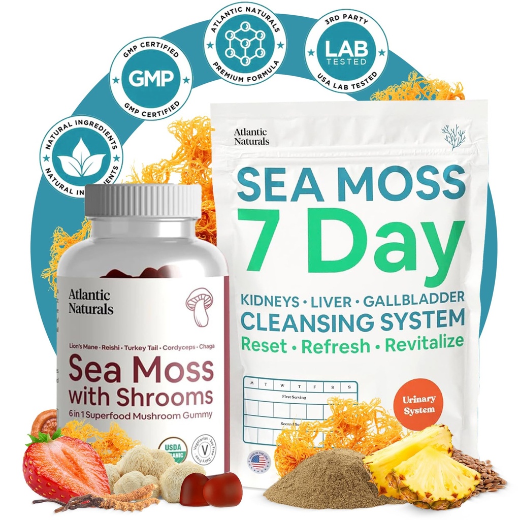 Atlantic Naturals Sea Moss Superfood Bundle - Sea Moss med Shrooms Gummies & 7- Day Nyre, Lever & Gallblære Cleanse - Defense, Focus & Detox Support - Lions Mane, Reishi, Mælkebøtte Root & Mere