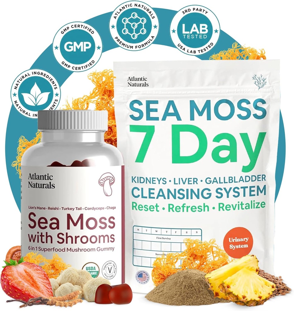 Atlantic Naturals Sea Moss Superfood Bundle - Sea Moss with Shrooms Gummies & 7-Day Kidney, Liver & Gallbladder Cleanse - Defense, Focus & Detox Support - Lion's Mane, Reishi, Dandelion Root & More