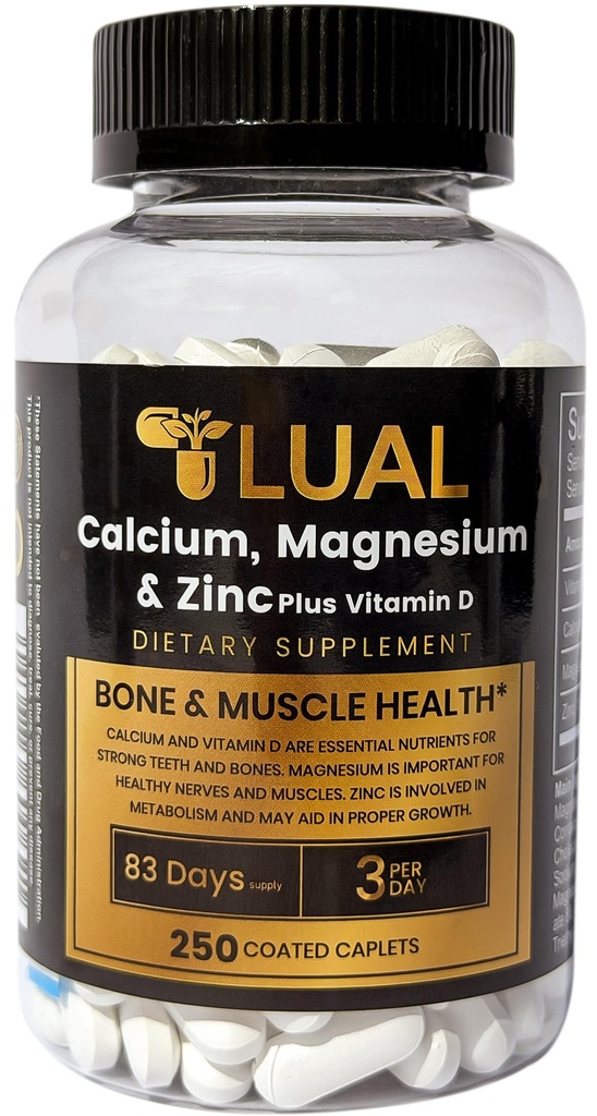 LUAL Calcium, Magnesium, Zink & D3- vitamin Calcium, Magnesium & Zink Plus D3- vitamin Kapsler Kosttilskud, 250 Tælling