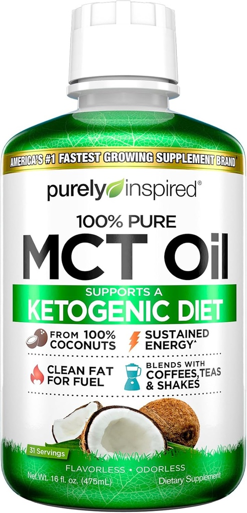 MCT Oil | Purely Inspired Pure MCT Oil Keto | Sourced from Coconut Oil, non-GMO | Supports Keto & Paleo Diets | Blends with Coffee, Tea and Shakes | MCT Oil for Sustained Energy | Unflavored, 16 fl oz