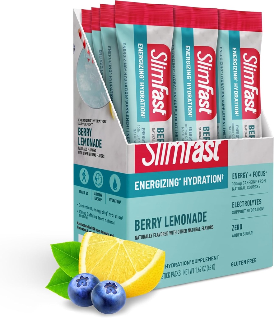 SlimFast Hydration Pakninger, Intermitterende Fastende Elektrolyter, Drink Mix Pakninger, Intermitterende Fastende Pulver, Energy Powder Drink Mix, Koffein, Elektrolyter til Hydrering, Berry Lemonade (12 Greve)