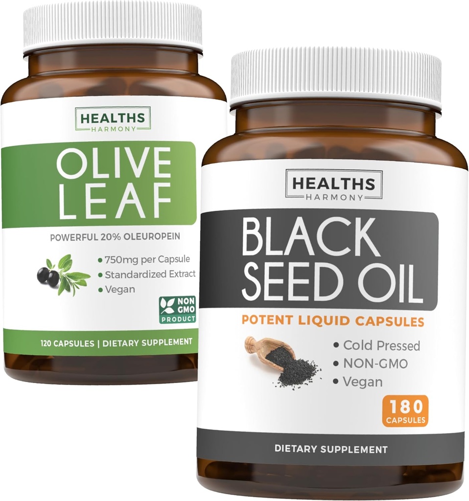 Olive Leaf & Black Seed Oil (3-måneders forsyning) Leaf & Seed Bundle of Olive Leaf Extract (120 kapsler) Super Styrke og Black Seed Oil (180 kapsler) Kold presset Nigella Sativa Cumin Seed