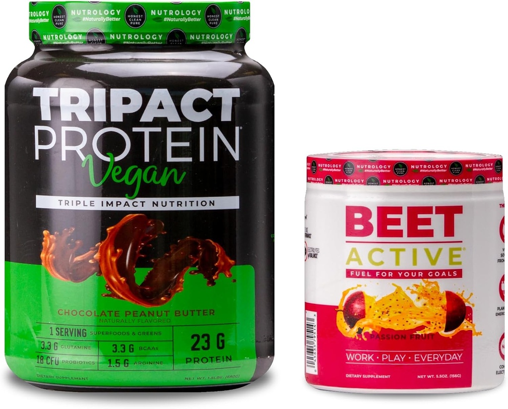 Nutrologi TRIPACT Vegan Protein Powder, for Vegan Protein Shakes, Chokolade Peanut Butter (20 Servere) & Beet Active, Passion Fruit Flavor (30 Servere)