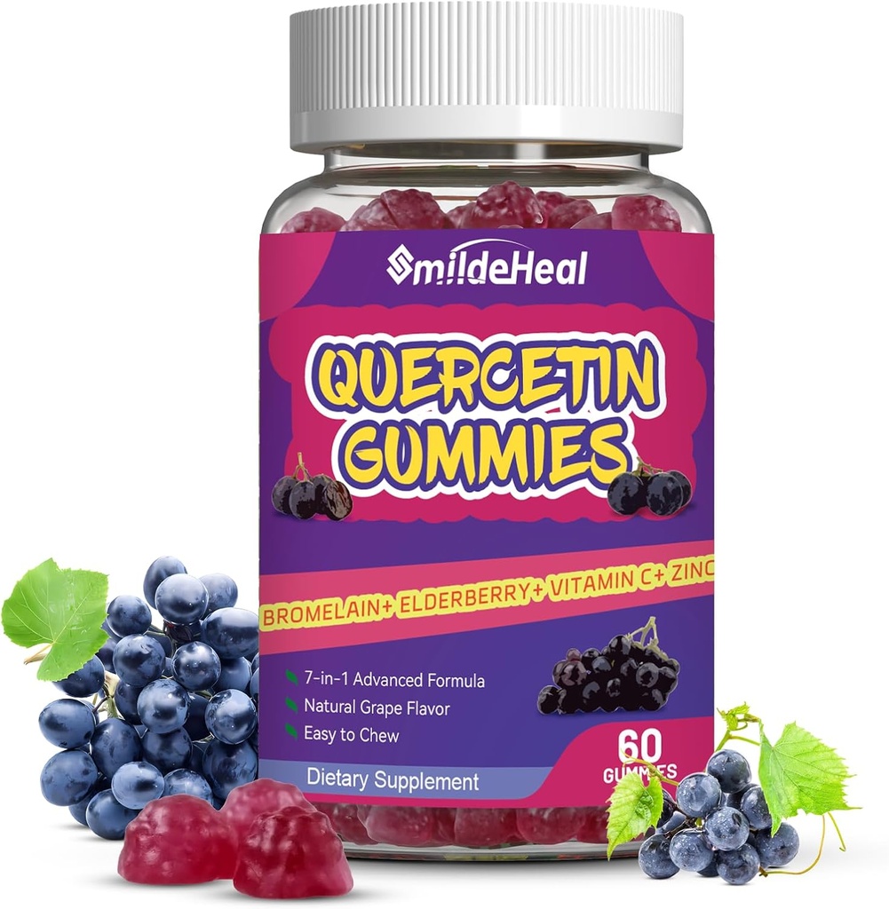 Quercetin Gummies 1200MG, Quercetin Gummies med bromelain, Zink Vitamin C, Quercetin Supplement Gummies for Adult & Kid, 60 Vegansk Gummies