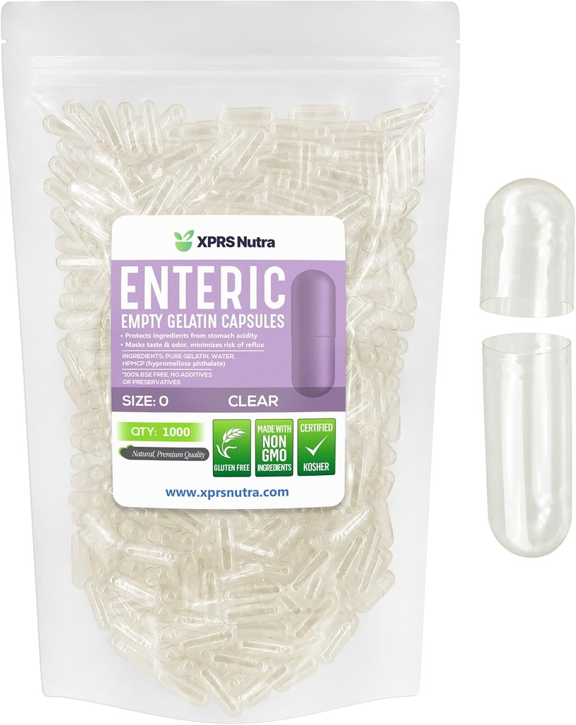 XPRS Nutra Størrelse 0 Tomme kapsler - 1000 Grev klar Enteric Coated Tomme Gelatine kapsler - Forsinket udløsning piller - gør Capsule Fyldning - Pure Bovin Tomme Enteric Gel Caps