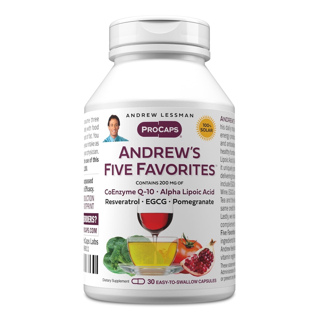 ANDREW LESSMAN Andrews fem favoritter 30 kapsler - Giver 200mg hver af Coenzym Q- 10, Resveratrol, EGCG, Pomegranat og Alpha Lipoic Acid, kraftfuld Antioxidant Support, Ingen tilsætningsstoffer