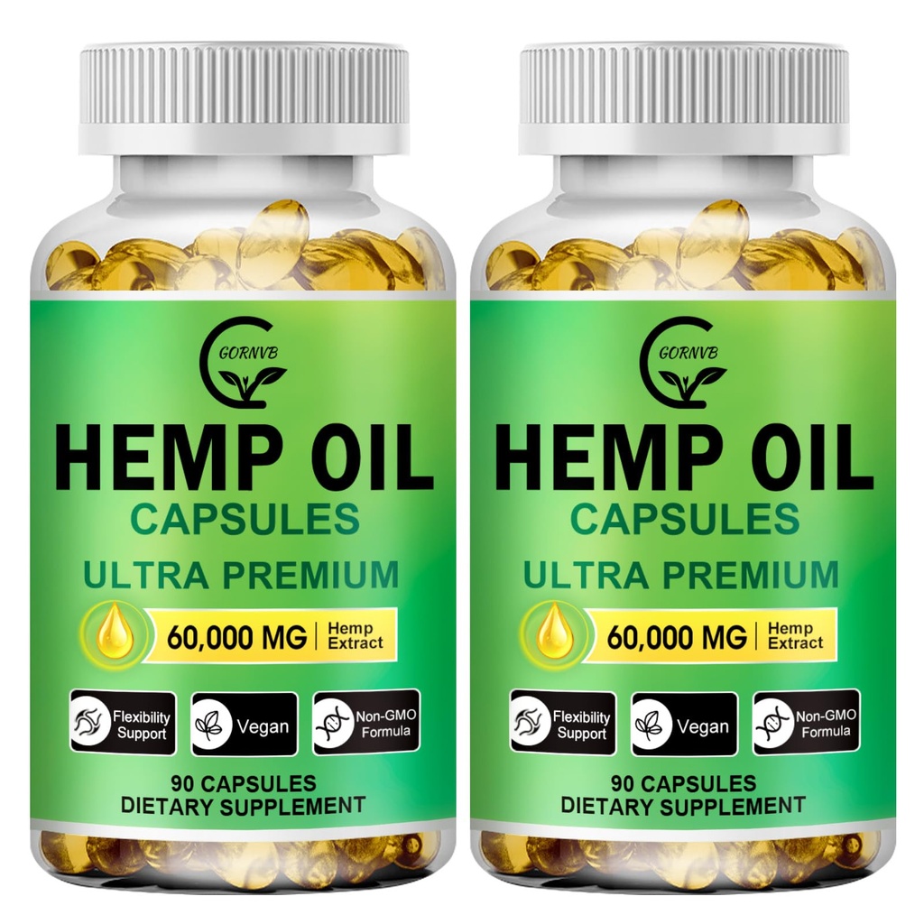 (2- Pack) Høj potens Hamp Oil Capsules - 180 Veggie Softels - 60.000 Maksimal Styrke, Immunsystemet Support, Focus Calm, Afslapning, Mood, Pure Extract, Organic, Vegan, Non- GMO