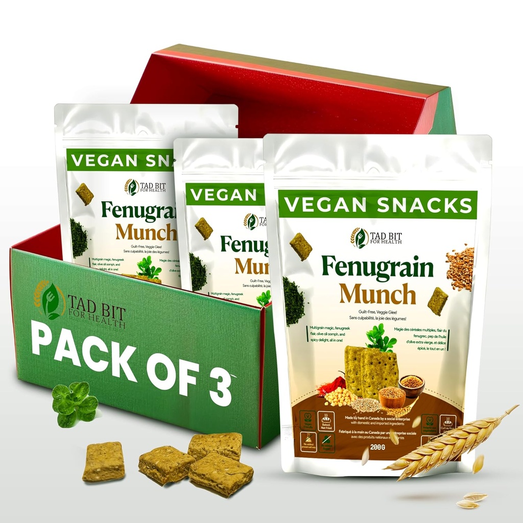 Tad Bit 's Fenugrain Munch Buddy 124; Premium indiske håndlavede Salty Vegan Snacks Crackers Buddy 124; Plant baseret Vegan Sunde Snacks for voksne og børn Buddy 124; Dairy Free, Sugar Free Snacks Buddy 124; Lav kalorie hele hvede fordøjelige biscuits (3 Pack, 600, Gram)