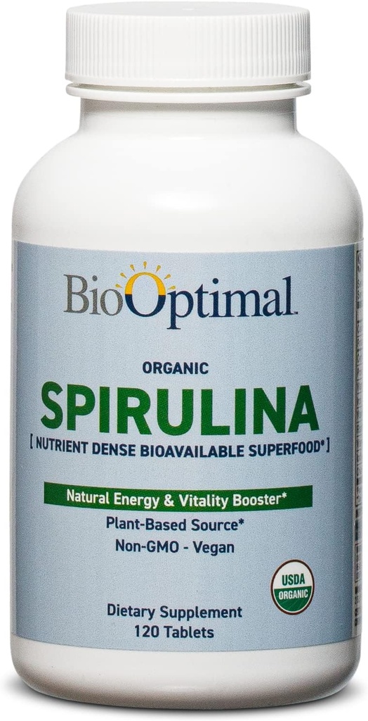 BioOptimal Organic Spirulina Tablets - Organic, Non- GMO, Ingen tilsætningsstoffer eller Fyldere - 500mg Premium Kvalitet Kosttilskud med vitaminer, mineraler, & Antioxidanter (120 tabletter)