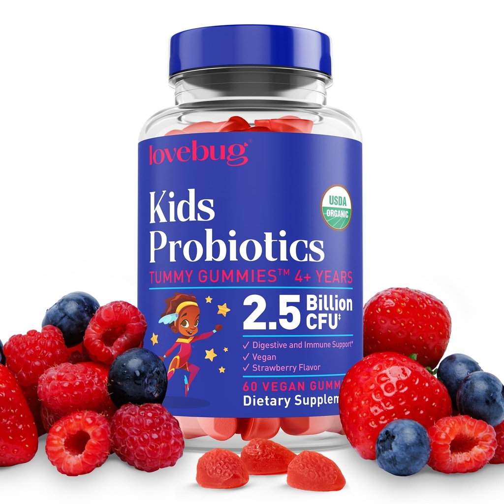 LOVEBUG Kids Probiotic Gummies – Organic Chewable Probiotics for Kids Aged 4+, Soil- Based Children’s Probiotic for Gut Health,Constipation,Digestive & Immune Support, Vegan, 60 Chews, Strawberry