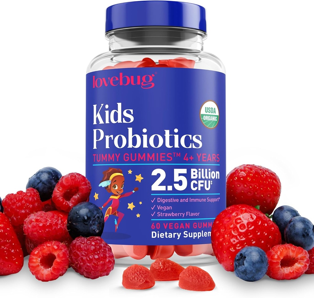 LOVEBUG Kids Probiotic Gummies – Organic Chewable Probiotics for Kids Aged 4+, Soil- Based Children’s Probiotic for Gut Health,Constipation,Digestive & Immune Support, Vegan, 60 Chews, Strawberry