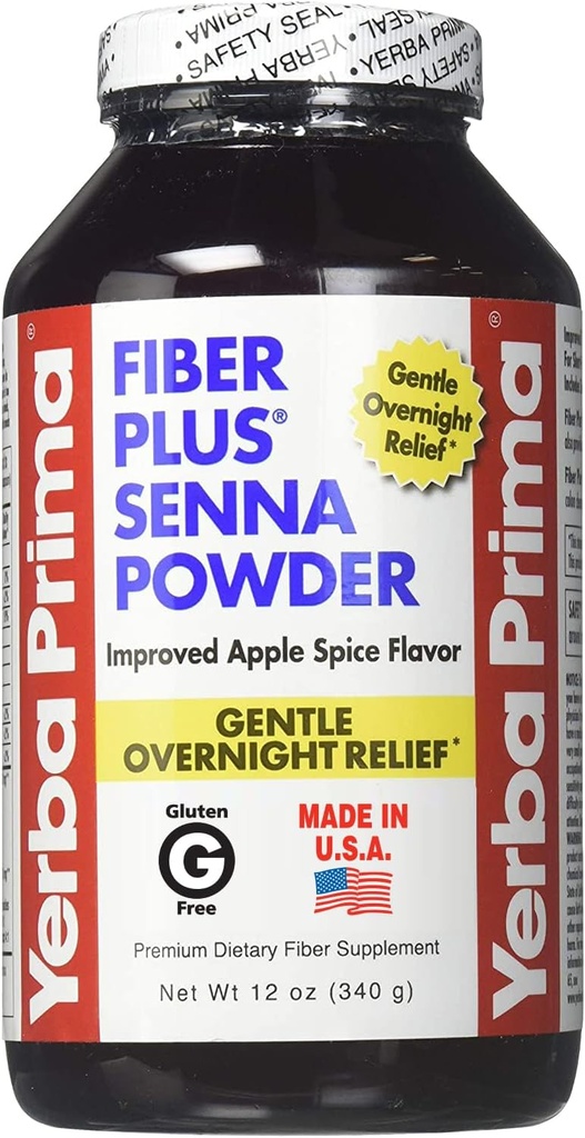 Yerba Prima Fiber Plus Senna Powder, 12 Ounce - for kortvarig brug til at gendanne regelmæssighed, Forbedret Apple Spice Flavor, Stevia Sødet, Giver blid Overnight Relief