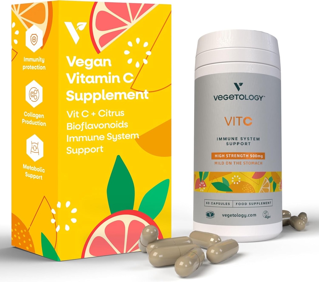 Vegansk C-vitamin - VIT C + Citrus Bioflavonoider - Vitamin og kosttilskud - Daglige kosttilskud (60 kapsler) - C-vitamin 500 mg kapsler - Antioxidanter supplement