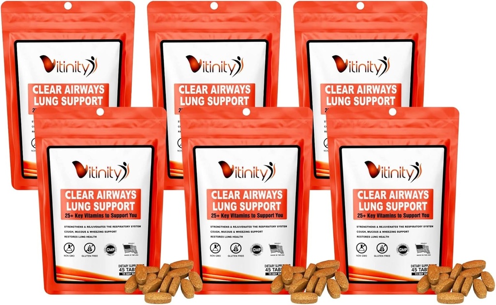 VITINITY Lung Cleanse Respiratorisk immunforsvar Support, 25 + Key Ingredient Lung Health Detox til vejrtrækning, Astma, Sæsonallergitabletter (90 dag)