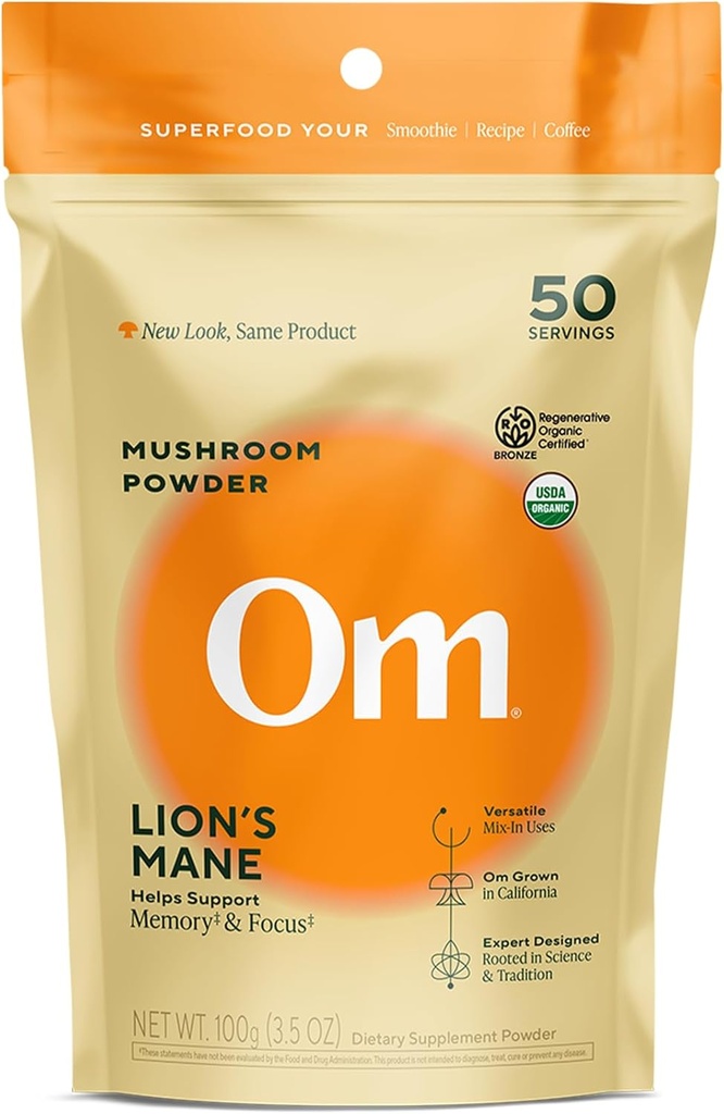 Om Lions Mane Mushroom Powder - Organic Mushroom Supplement og Nootrop - Support Hukommelse, Fokus og Nerve Sundhed, 3,5 oz (50 Servere)