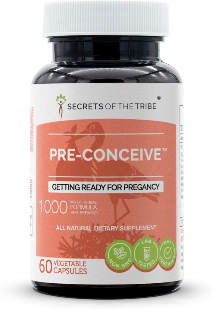 Hemmeligheder af Tribe Pre- Conceive, 60 kapsler, 1000 mg, Vitex, Rød Hindbær, Sort Cohosh, Rød Klover, Hvid Peony, Shatavari. Gør klar til Pregancy 60 kapsler