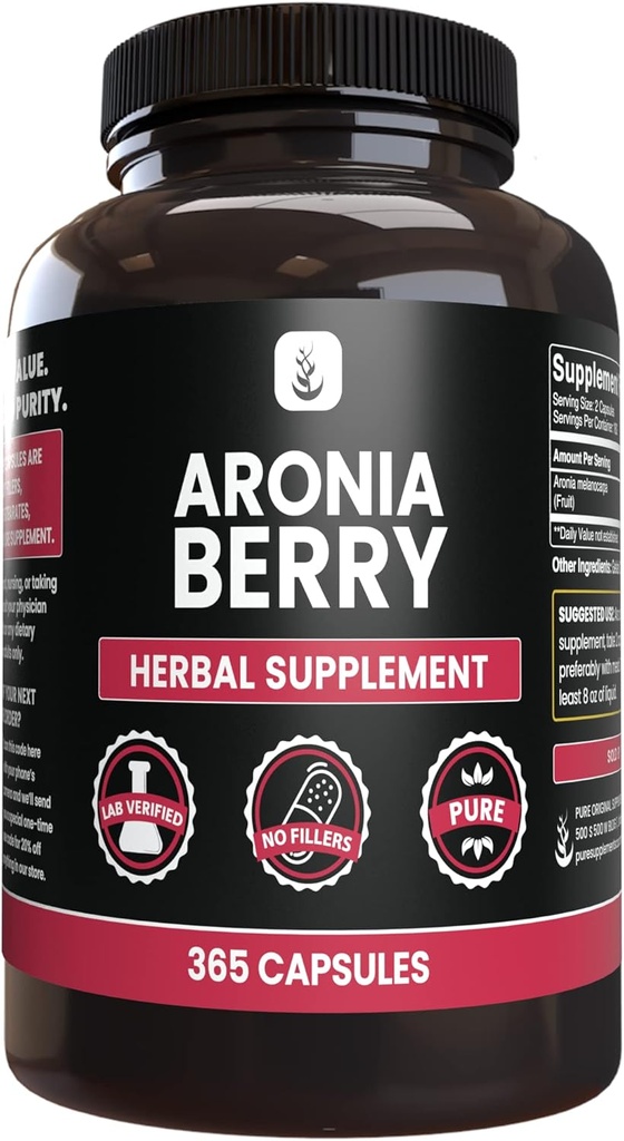 PURE ORIGINAL INGREDIENSER Aronia Berry Extract, (365 kapsler) Altid ren, ingen tilsætningsstoffer eller fyldstoffer, Lab Verified