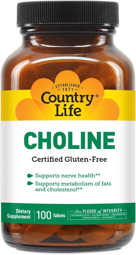 Country Life Cholin 266mg, Certified Gluten Free, Certified Vegan, Certified Halal - 100 Tabletter