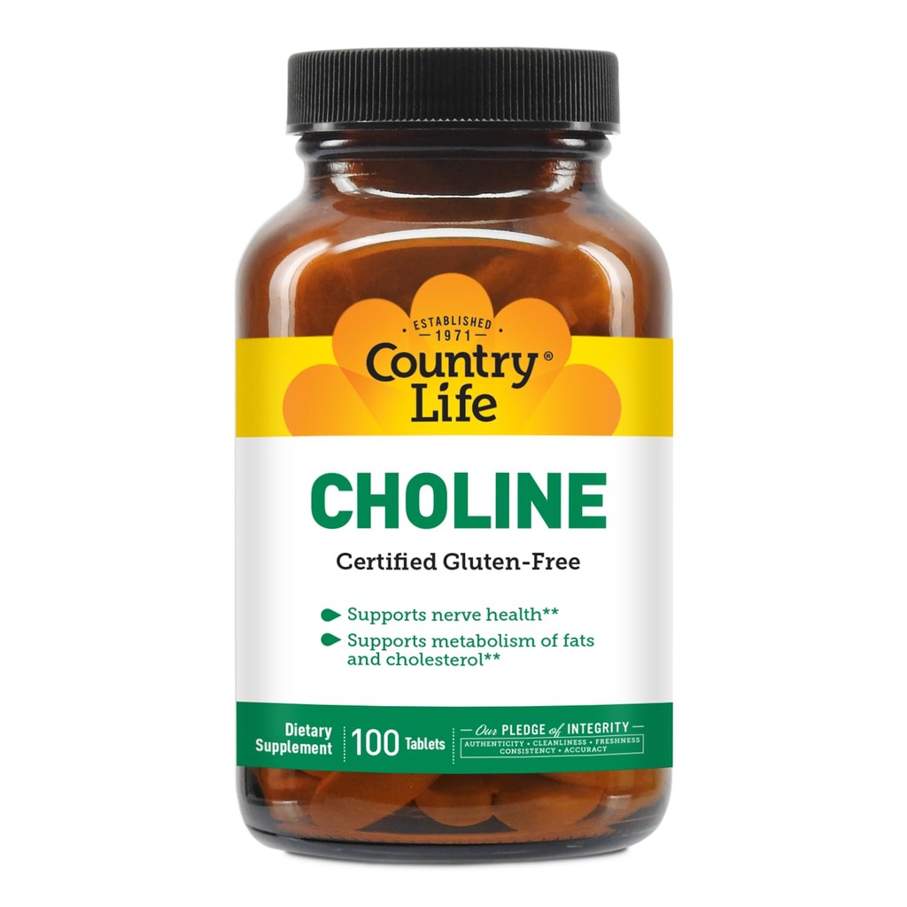 Country Life Cholin 266mg, Certified Gluten Free, Certified Vegan, Certified Halal - 100 Tabletter