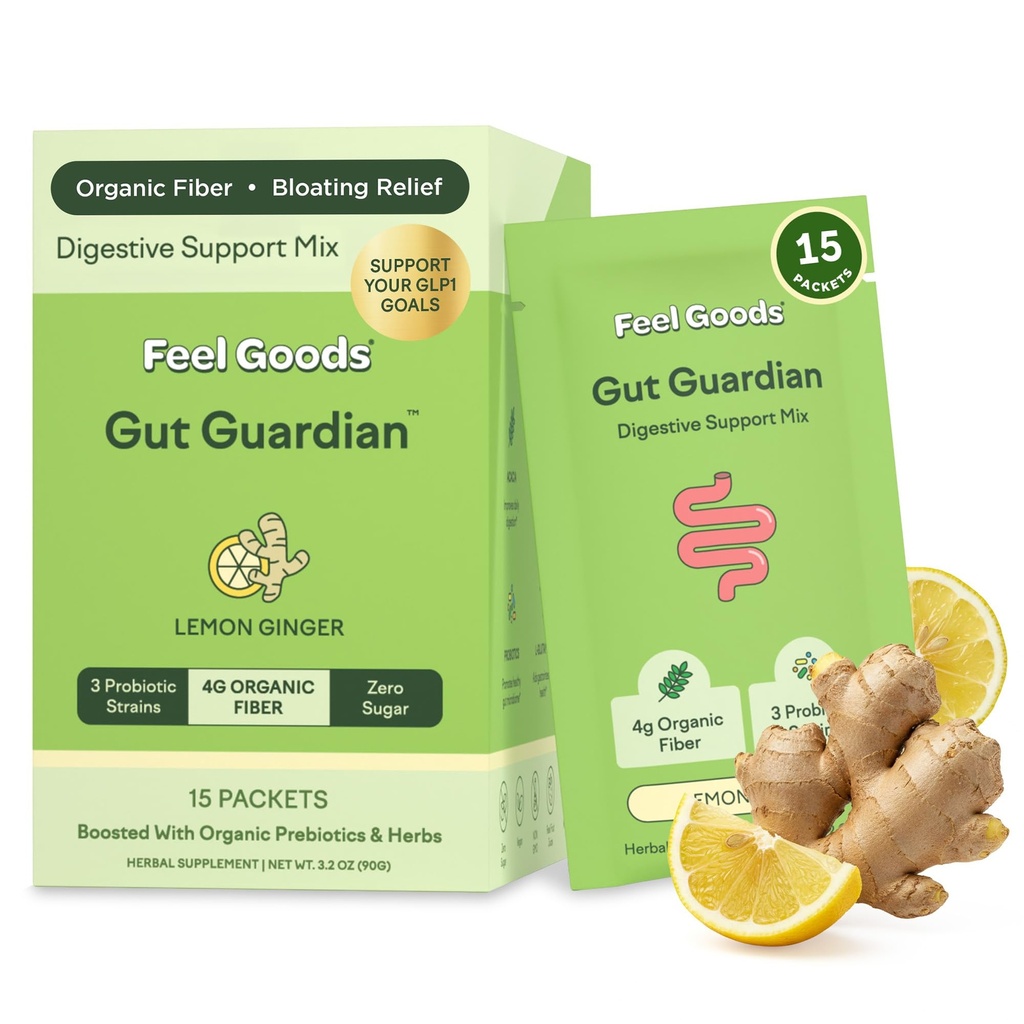 Mærk varer Gut Guardian, Organic Fiber, Probiotic & Prebiotic Powder, Sugar Free, Urter til Bloat, Gut Health Support, fordøjelsessygdomme for mænd og kvinder, Ikke GMO, Vegan, Lemon Ginger, 15 Greve