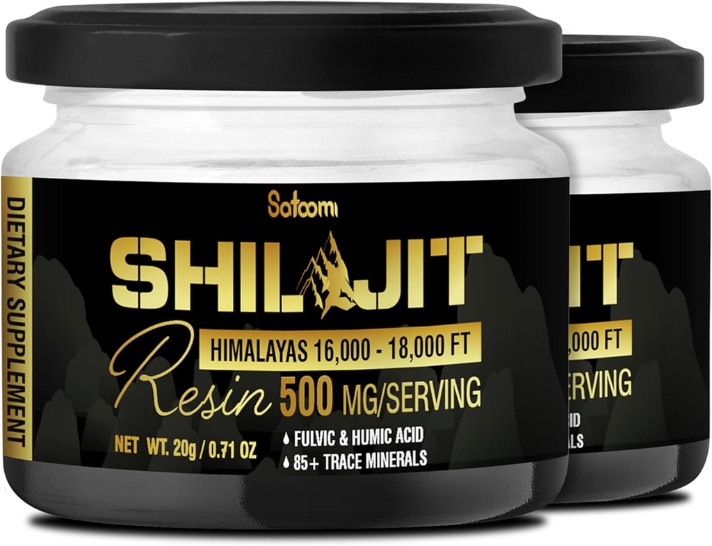 Shilajit Pure Himalayan Organic med Fulvic Acid, Humic Acid, og 85 + Trace Minerals - Støtte til energiproduktion, immunsystem & kognitiv sundhed - 2Packs 20g for 80 Servere