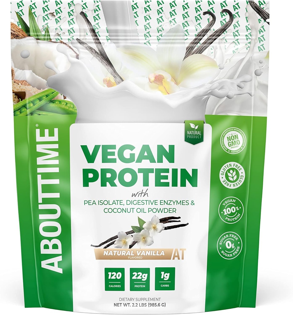 Om tid Vegan Protein Powder 22g Vanilla, naturlige ingredienser, non-GMO, Plant baseret, Gluten Free, Soy Free, Dairy Free, 32 Serveringer