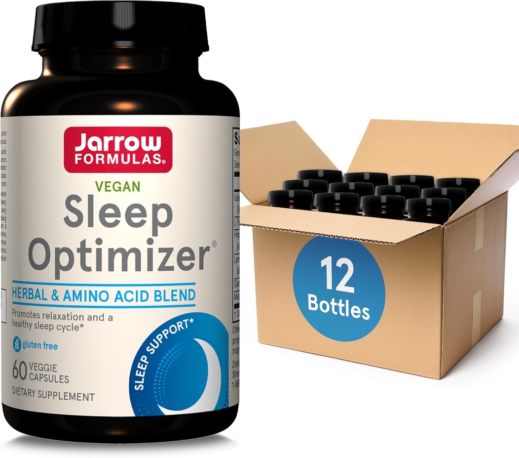 Jarrow Formulas Sleep Optimizer - 60 Veggie Kapsler - fremmer sund søvn cyklus & afslapning - omfatter PharmaGABA, Humle Flower, Valerian, Melatonin & L- tryptophan 30 Serveringer, Pack af 12